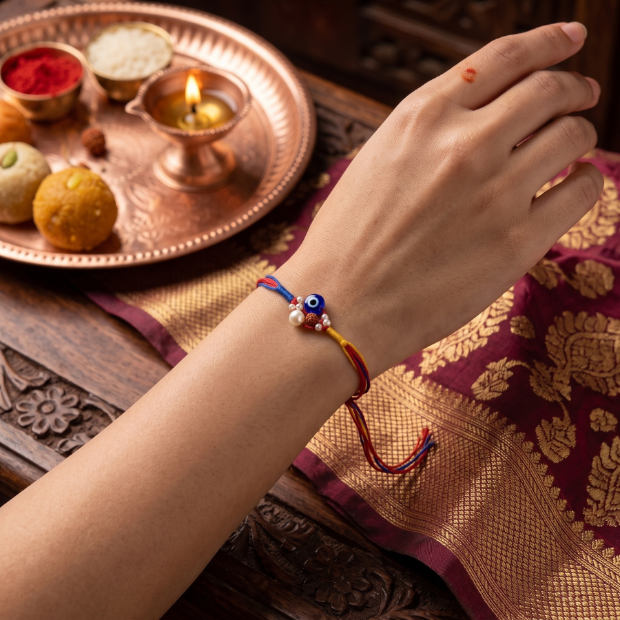 925 Silver Evil Eye Pearl & Rudraksha Rakhi