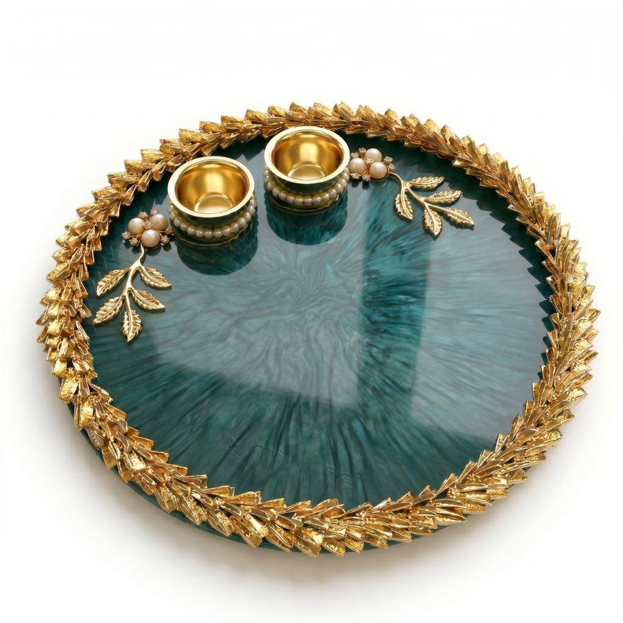 Emerald Luxe Leaf Resin Pooja Thali