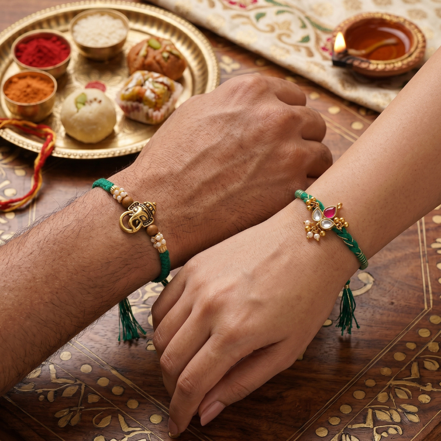 Ganesha & Emerald Kundan Rakhi Set of 2