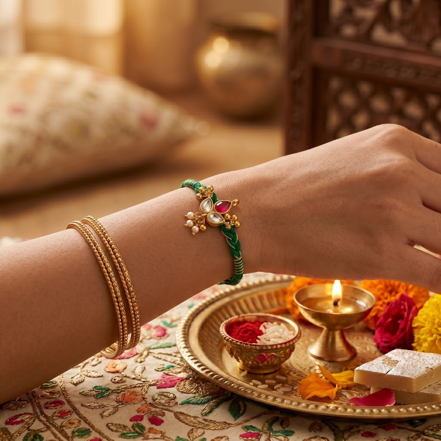 Green Kundan Pearl Rakhi