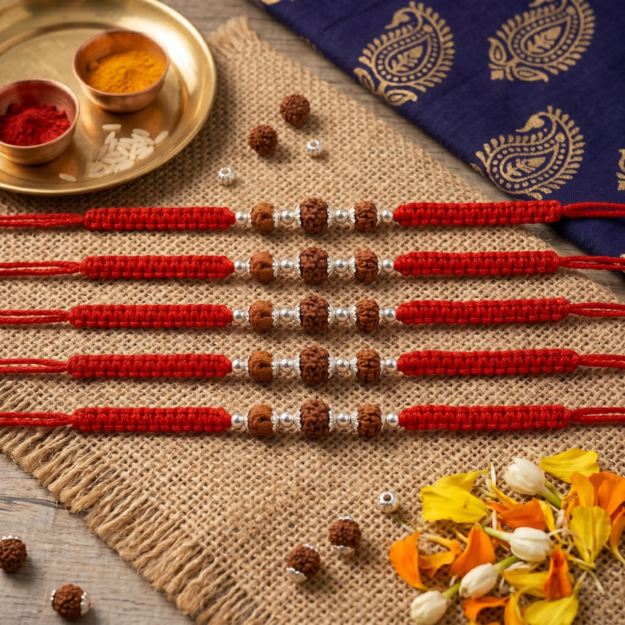 Triple Rudraksha Rakhi Combo (Set of 5)