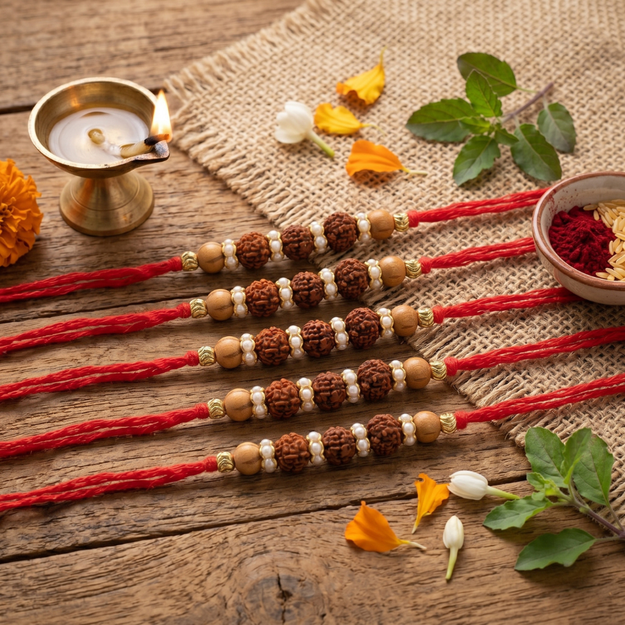 Sacred Rudraksha Pearl Rakhi Combo (Set of 5)