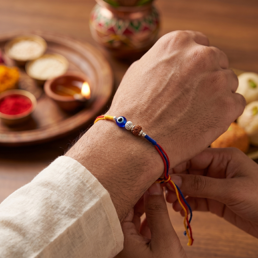 925 Silver Evil Eye Rudraksha Rakhi