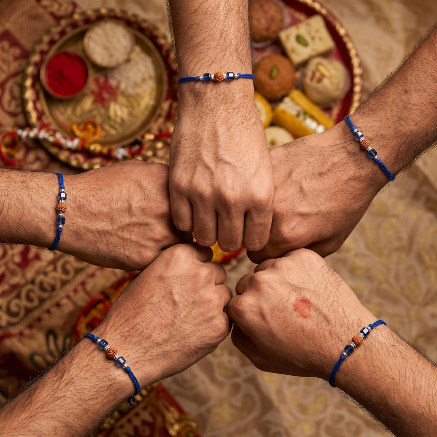 Sapphire Crystal Rudraksha Rakhi Combo (Set of 5)