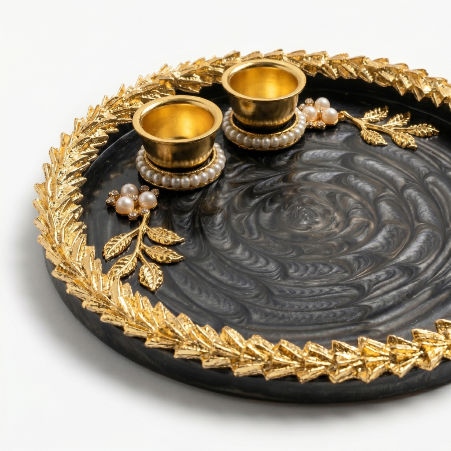 Midnight Black Leaf Resin Pooja Thali