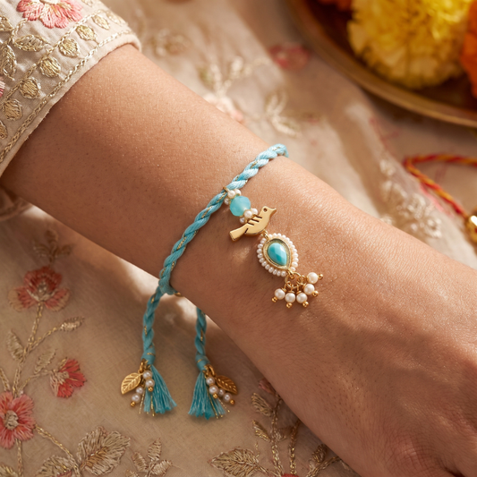 Aqua Bird Charm Designer Lumba Rakhi