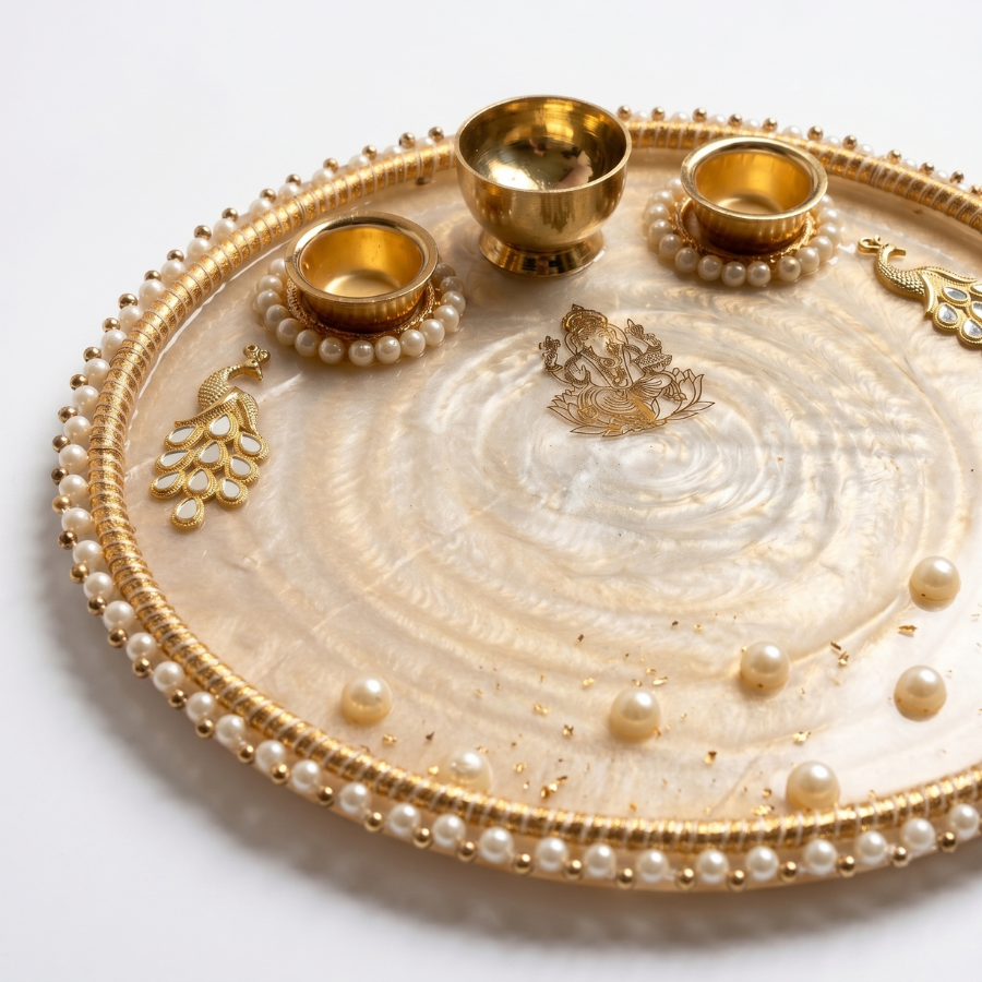 Champagne Pearl Ganesha Resin Pooja Thali