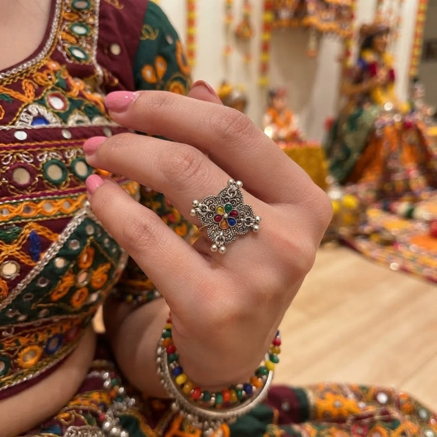 Rangoli Oxidised Floral Statement Ring