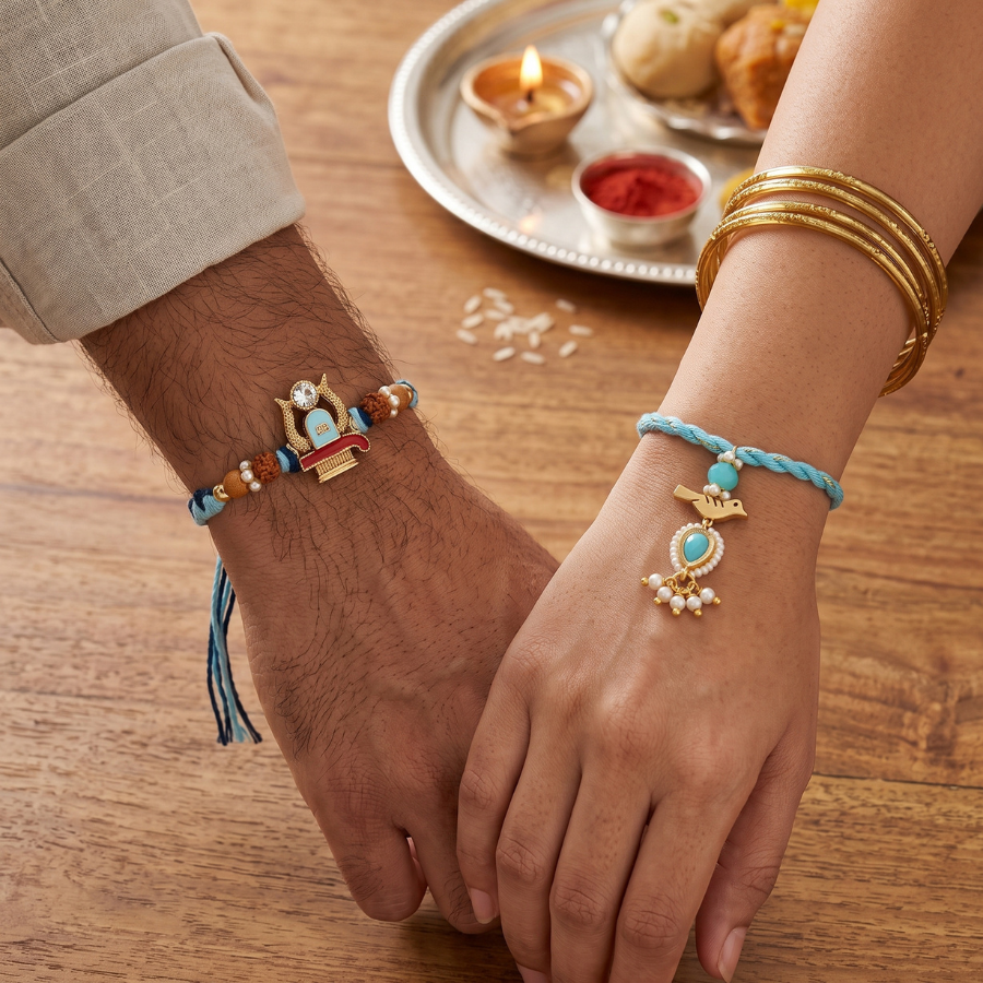Rudraksha Temple & Aqua Bird Charm Designer Lumba Rakhi Set of 2