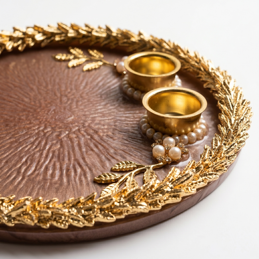 Mocha Bronze Leaf Resin Pooja Thali
