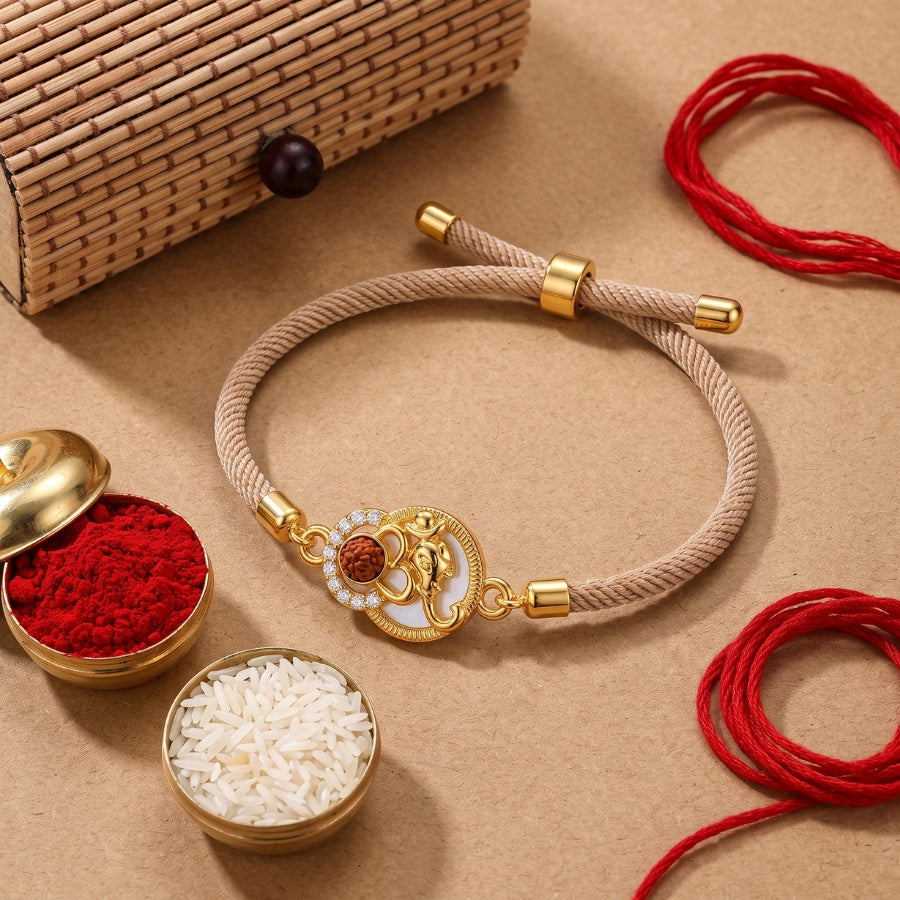 Om Ganesha Rudraksha Crystal Bracelet Beige Gold