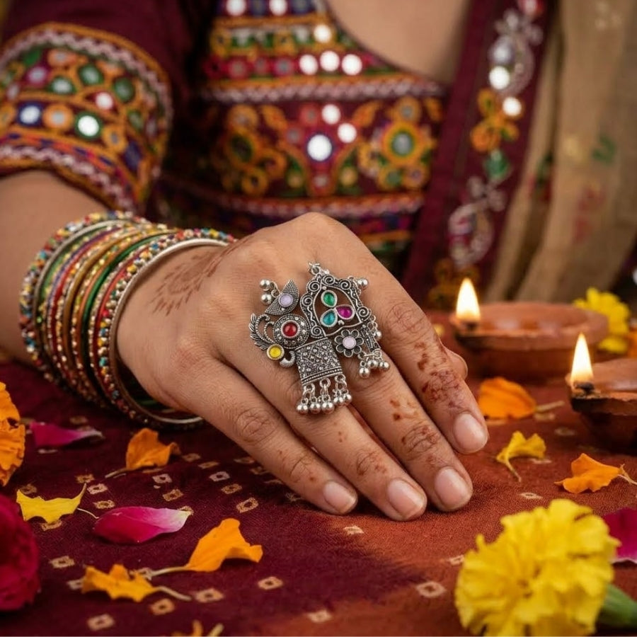 Navrang Jharokha Oxidised Statement Ring