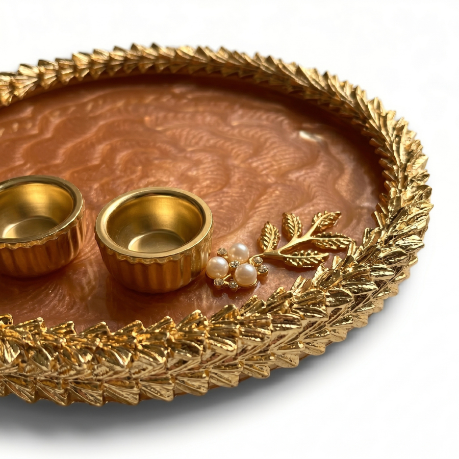 Rose Gold Feather Marble Resin Pooja Thali