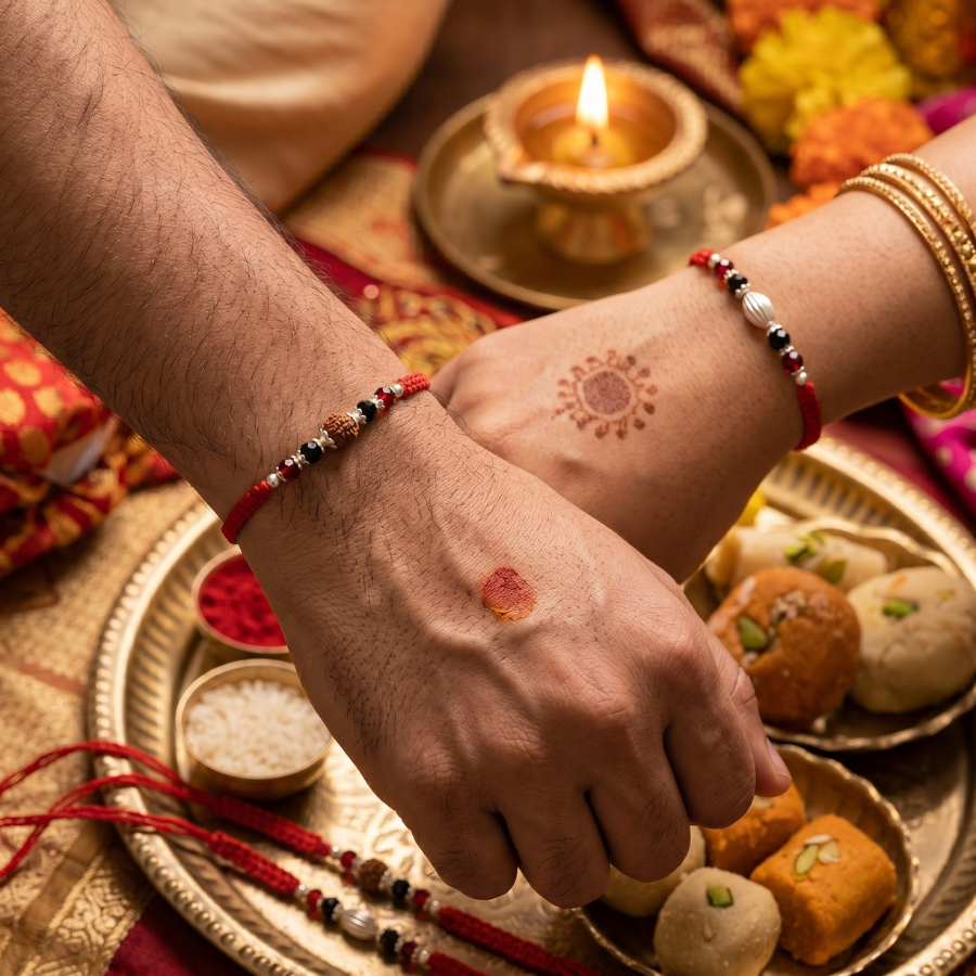 Crimson Crystal Rudraksha Rakhi Combo