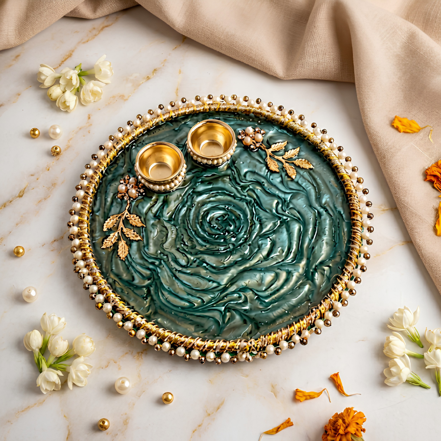 Emerald Swirl Resin Pooja Thali