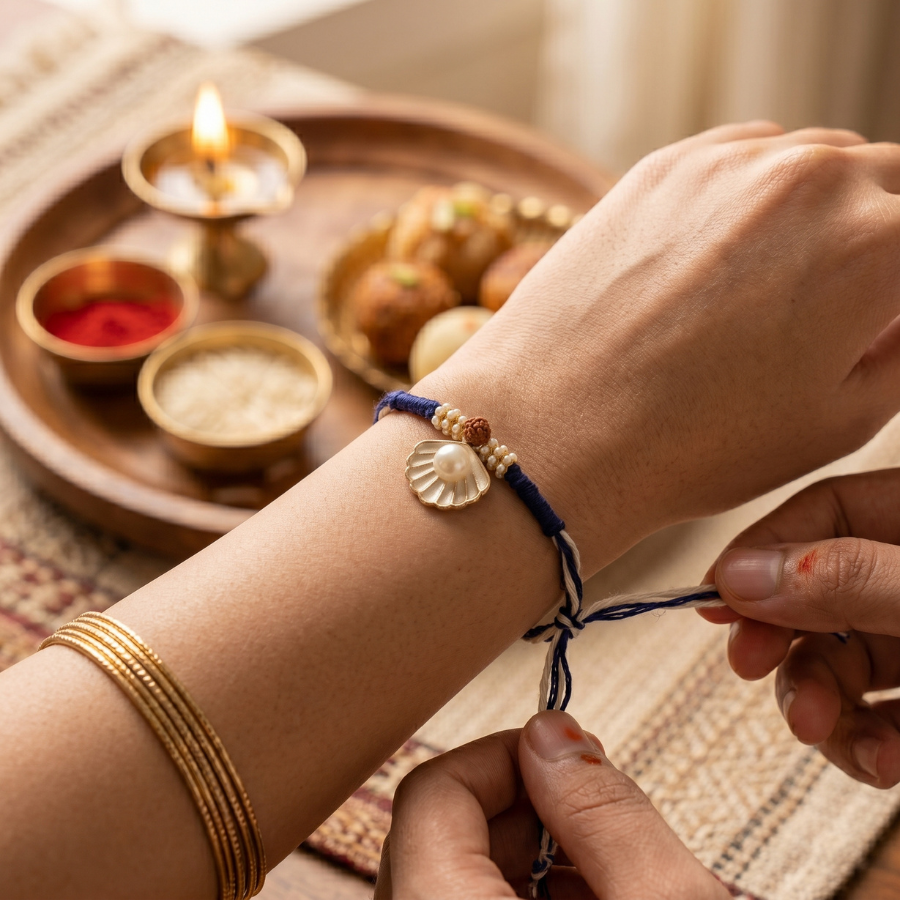 Pearl Seashell Rudraksha Rakhi