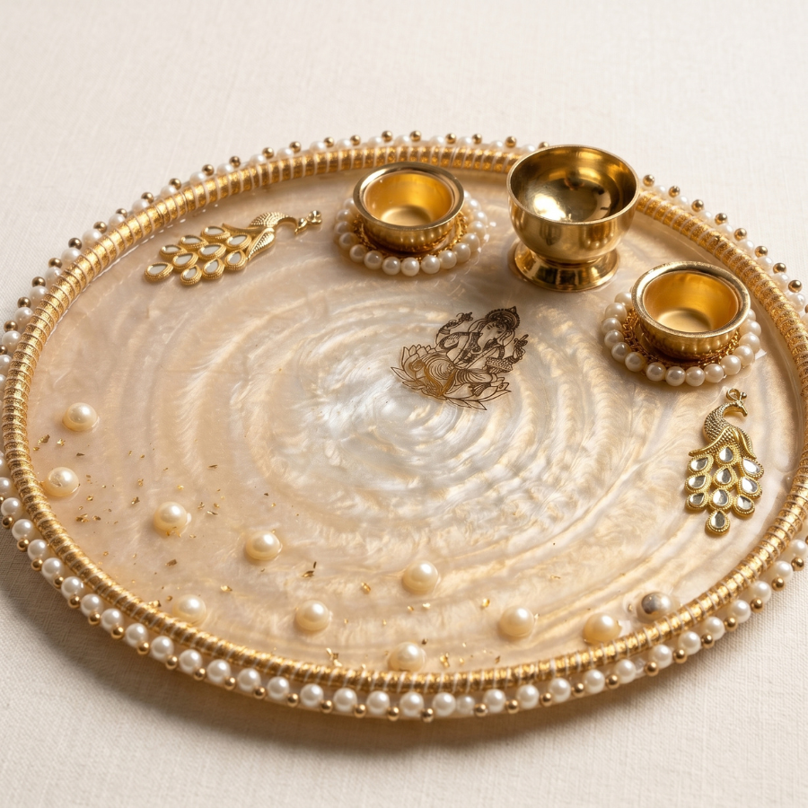 Champagne Pearl Ganesha Resin Pooja Thali