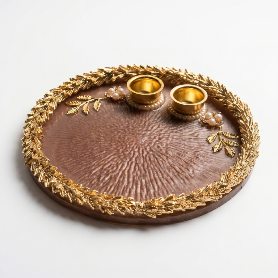 Mocha Bronze Leaf Resin Pooja Thali
