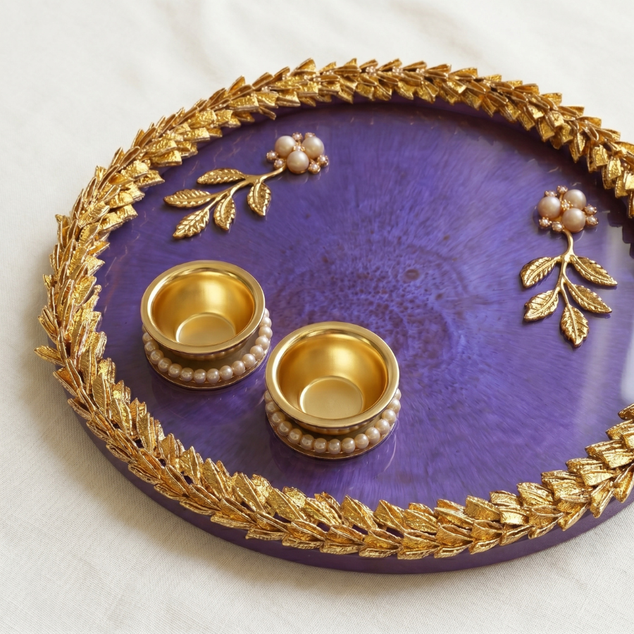 Royal Amethyst Leaf Resin Pooja Thali