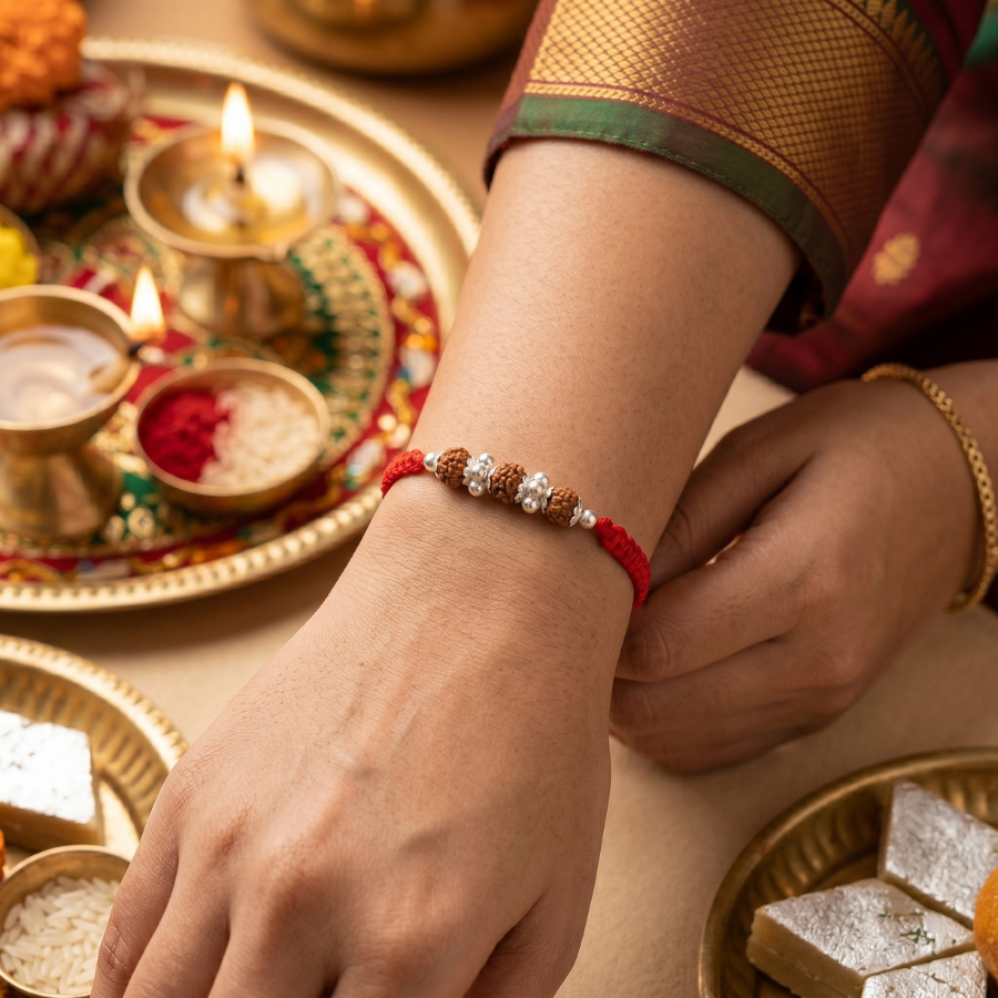 Triple Rudraksha Silver Bead Rakhi