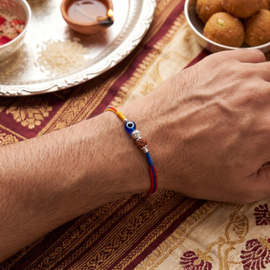 925 Silver Evil Eye Rudraksha Rakhi