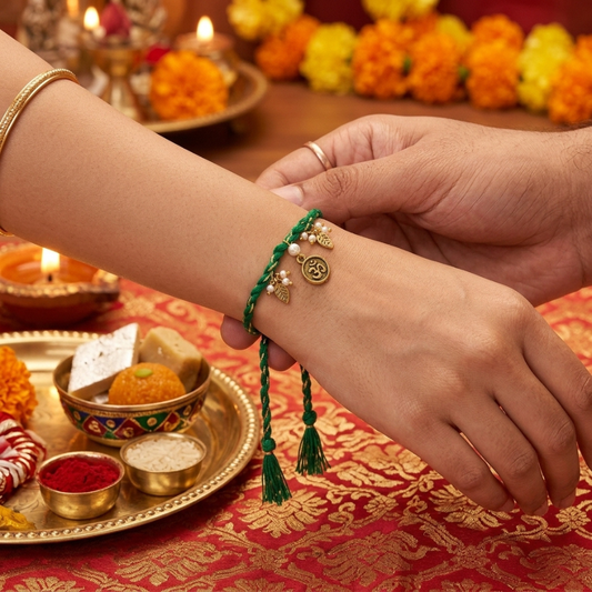 Green Om Charm Braided Rakhi