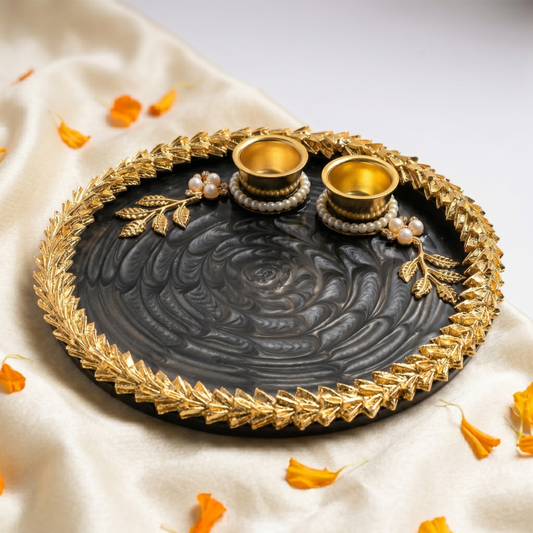 Midnight Black Leaf Resin Pooja Thali