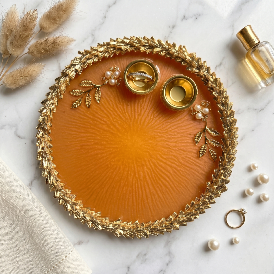 Sunset Amber Leaf Resin Pooja Thali