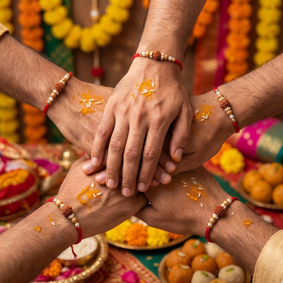 Sandalwood Rudraksha Pearl Rakhi Combo (Set of 5)