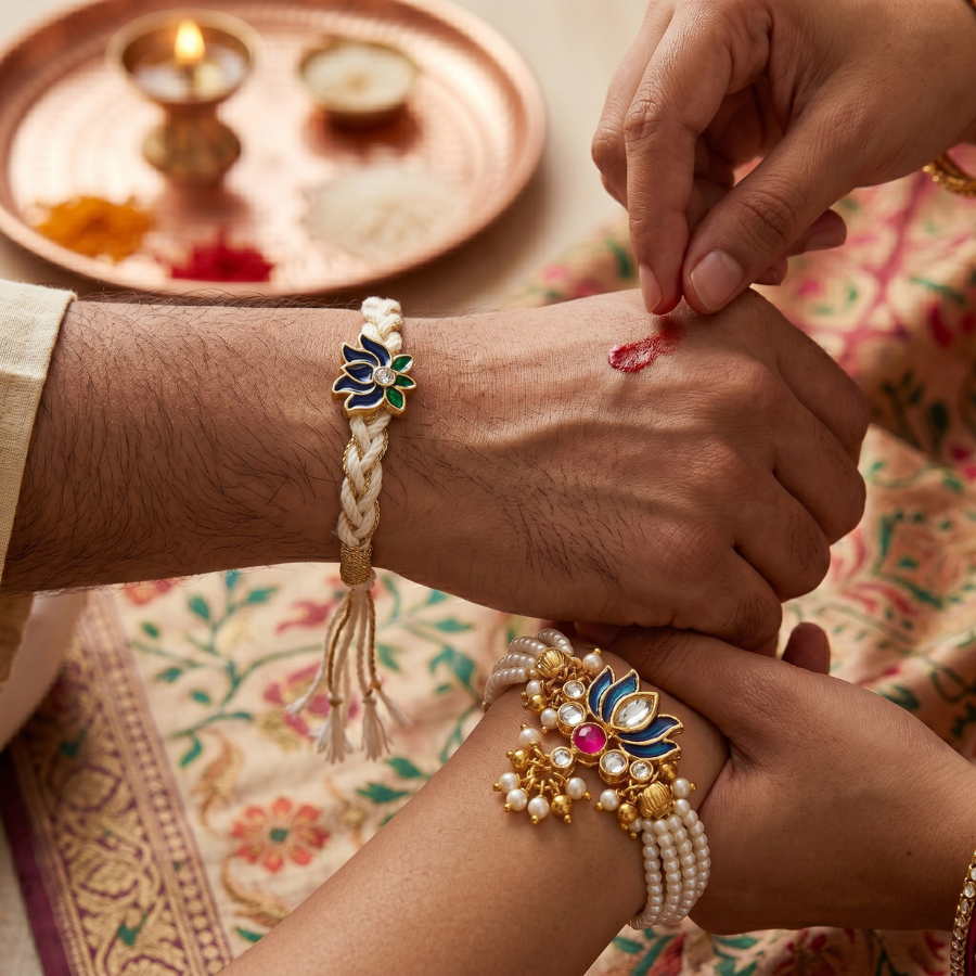 Midnight Lotus Designer & Lotus Pearl Designer Lumba Rakhi Set of 2