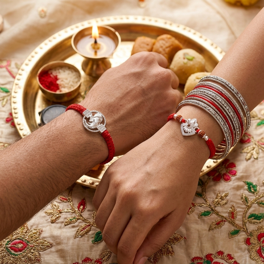 925 Silver Lord Ganesha Rakhi & 925 Silver Shree Ganesh Rudraksha Rakhi Set of 2