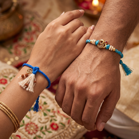 Om Pearl Rakhi & Blue Om Rudraksha Tassel Lumba Rakhi Set of 2