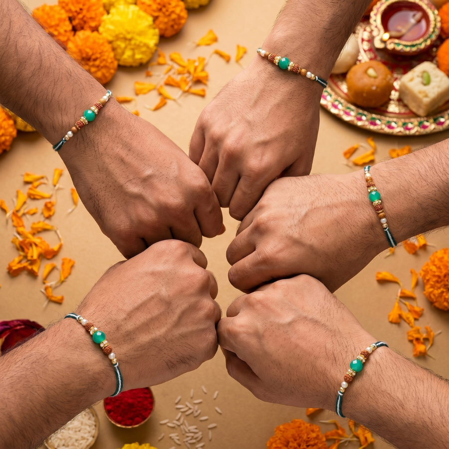 Emerald Rudraksha Rakhi Combo (Set of 5)