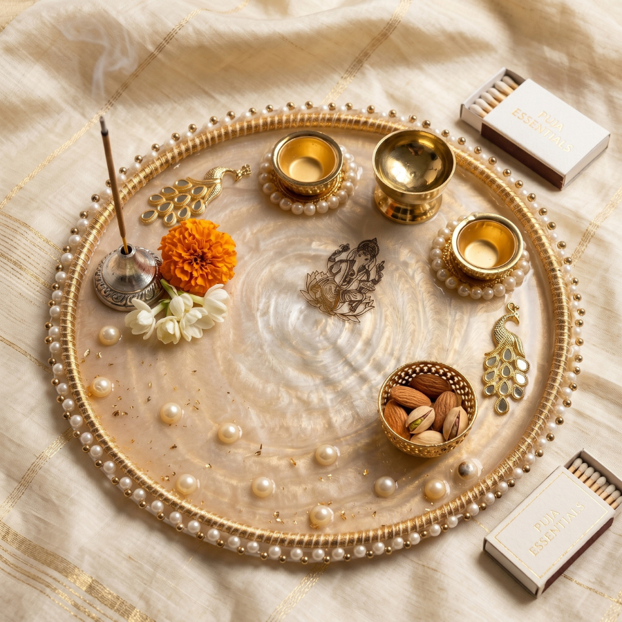 Champagne Pearl Ganesha Resin Pooja Thali