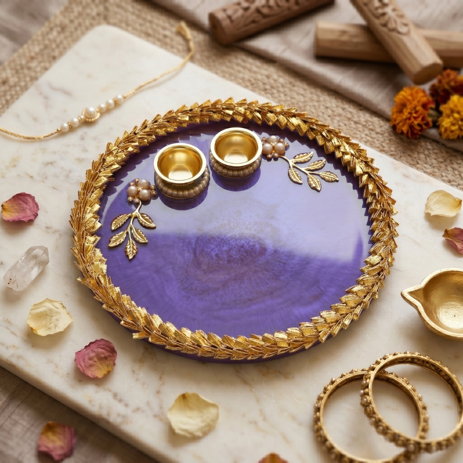 Royal Amethyst Leaf Resin Pooja Thali