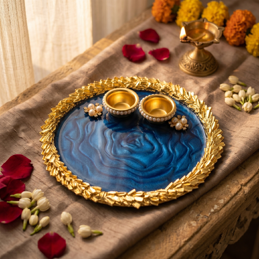Sapphire Ocean Marble Resin Pooja Thali