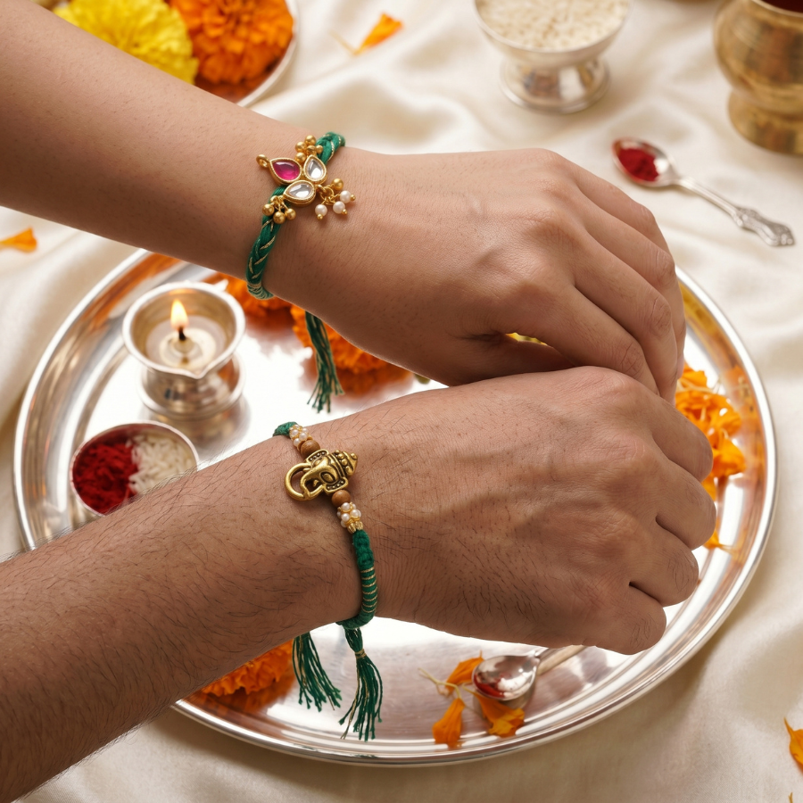 Ganesha & Emerald Kundan Rakhi Set of 2