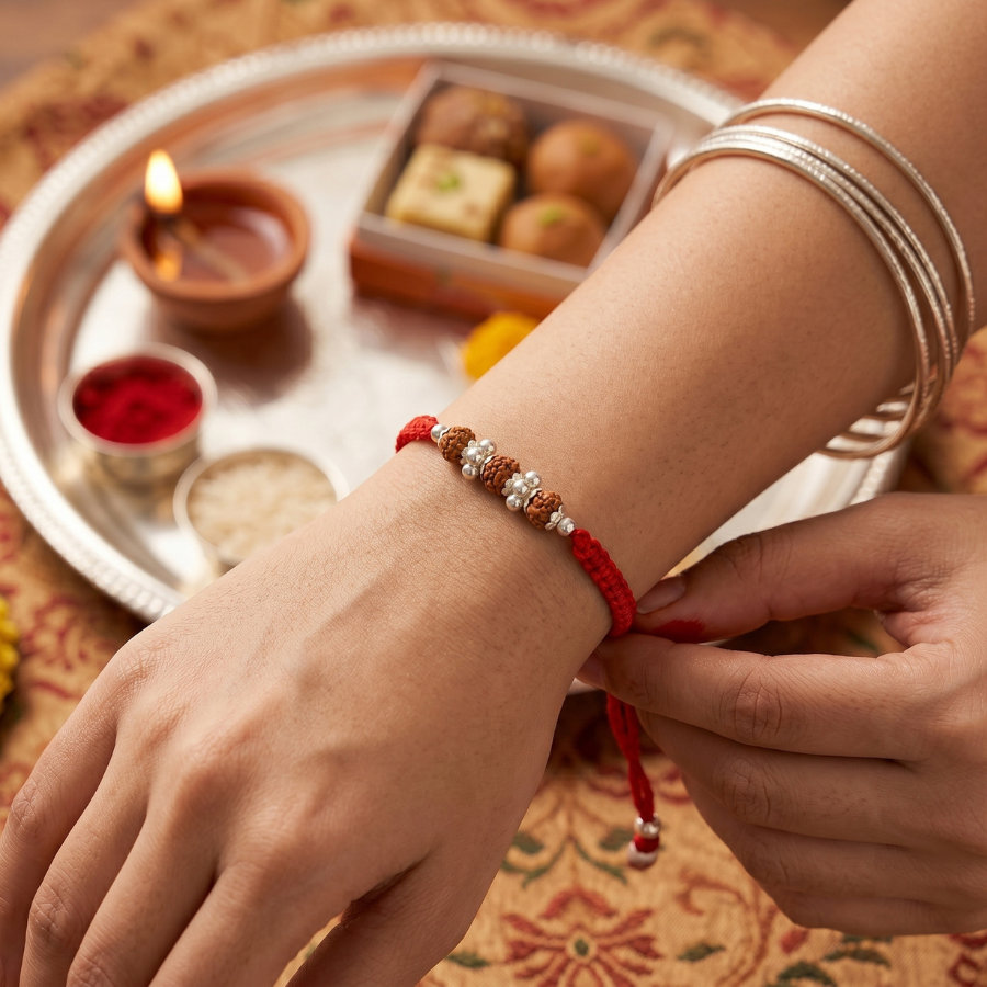 Triple Rudraksha Silver Bead Rakhi