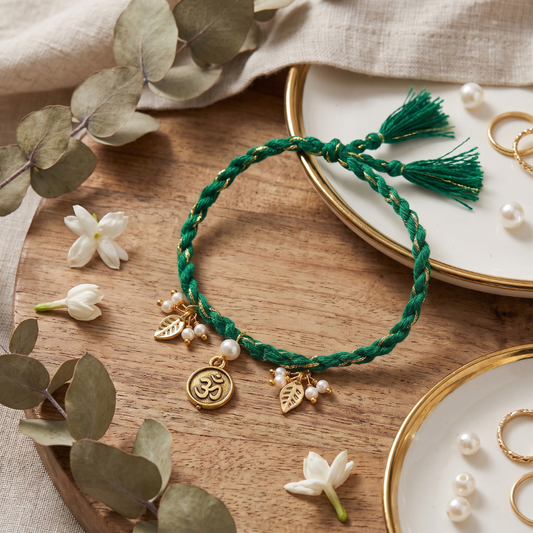 Green Om Charm Braided Rakhi