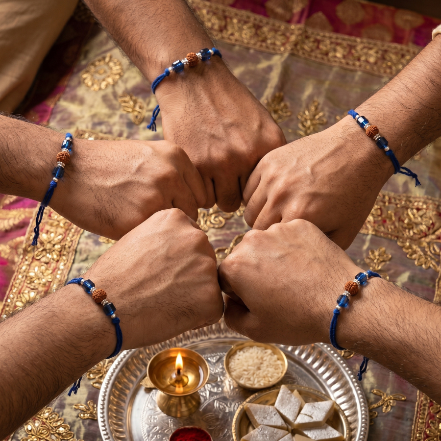 Sapphire Crystal Rudraksha Rakhi Combo (Set of 5)