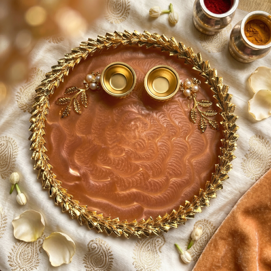 Rose Gold Feather Marble Resin Pooja Thali