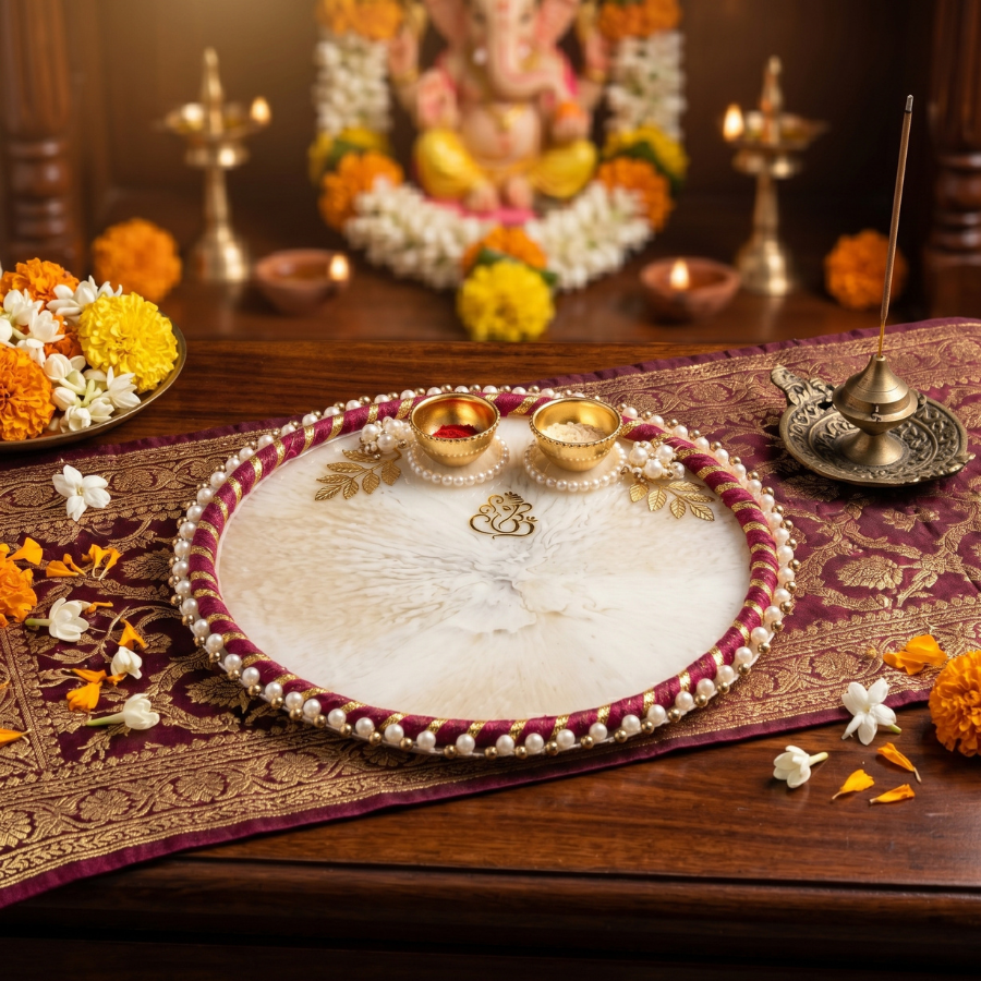 Ivory Marble Ganesha Resin Pooja Thali