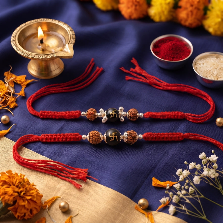 Divine Swastik & Rudraksha Rakhi Combo Set of 2