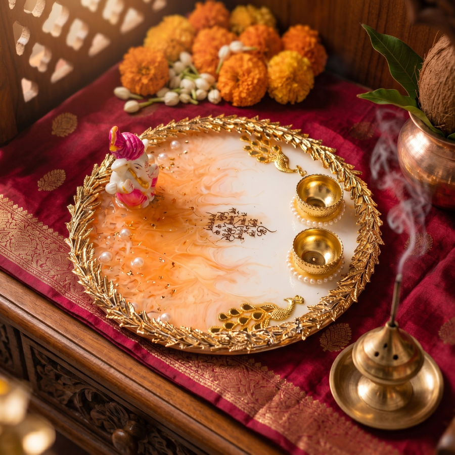 Peach Ganesha Celebration Resin Pooja Thali