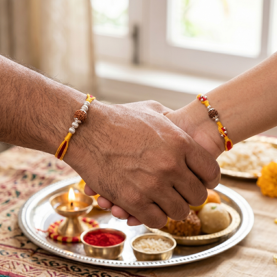 Rudraksha Silver Bead Rakhi Combo Set of 2
