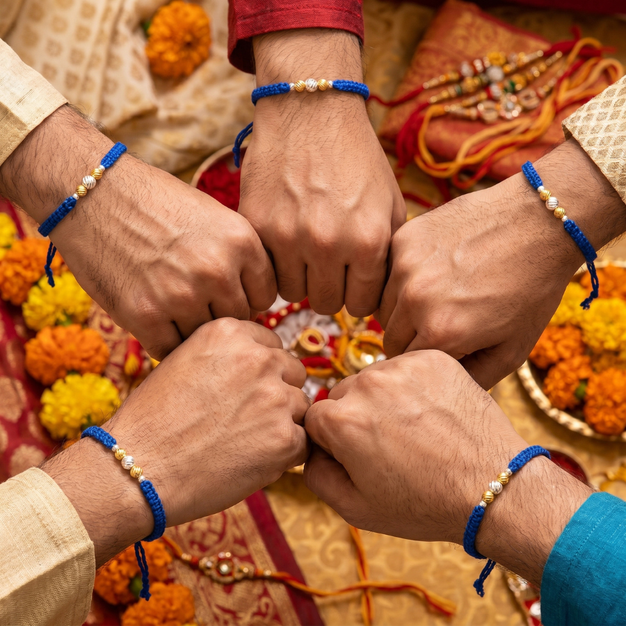 Blue Gold Silver Bead Rakhi Combo (Set of 5)