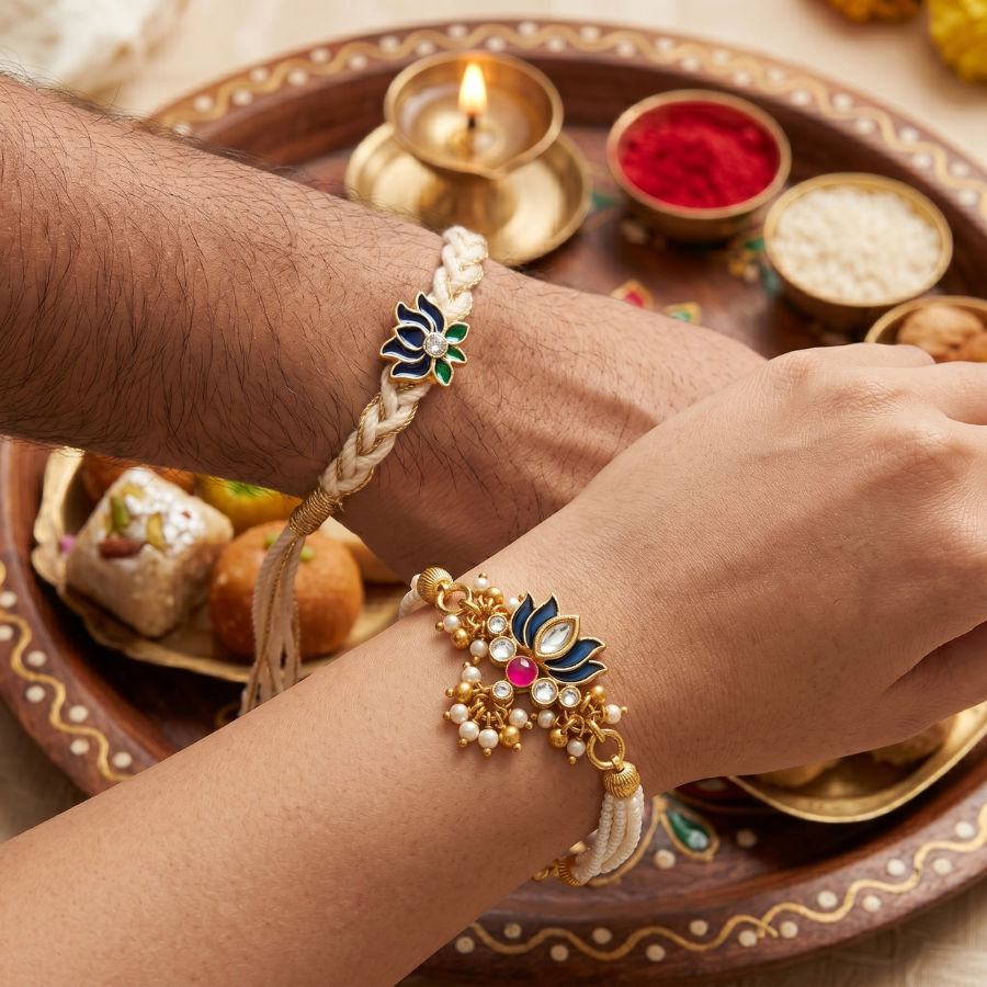 Midnight Lotus Designer & Lotus Pearl Designer Lumba Rakhi Set of 2