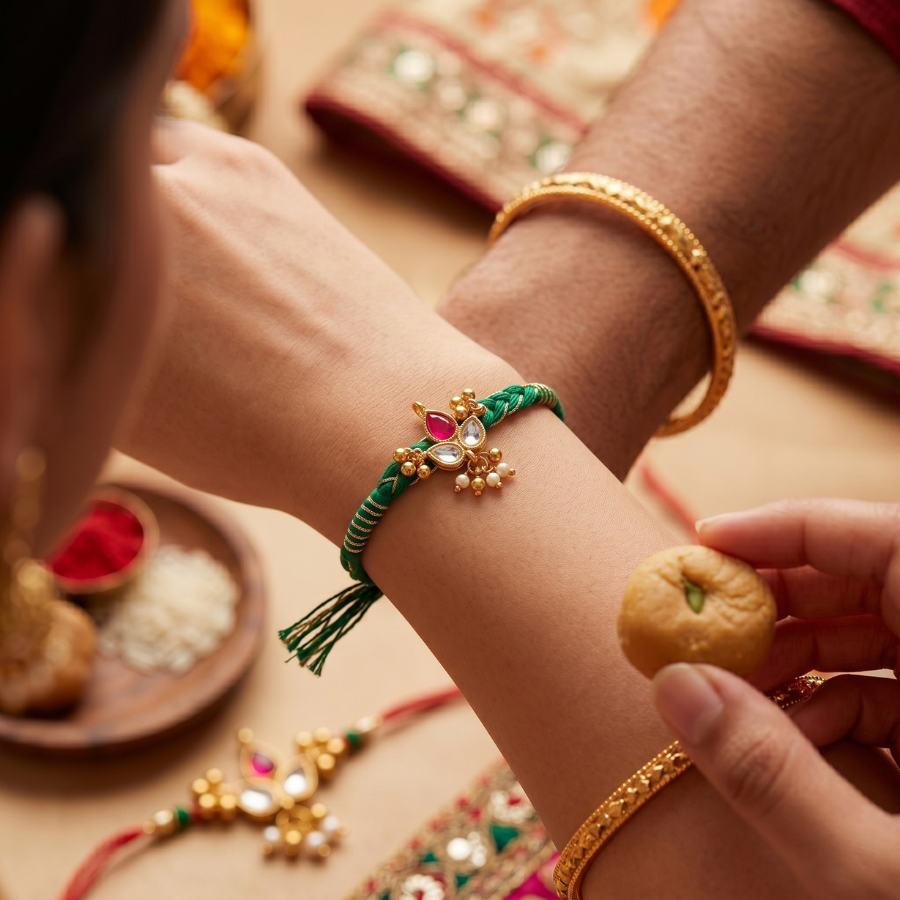 Green Kundan Pearl Rakhi