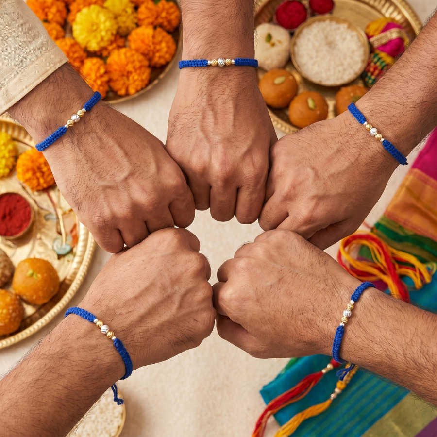 Blue Gold Silver Bead Rakhi Combo (Set of 5)