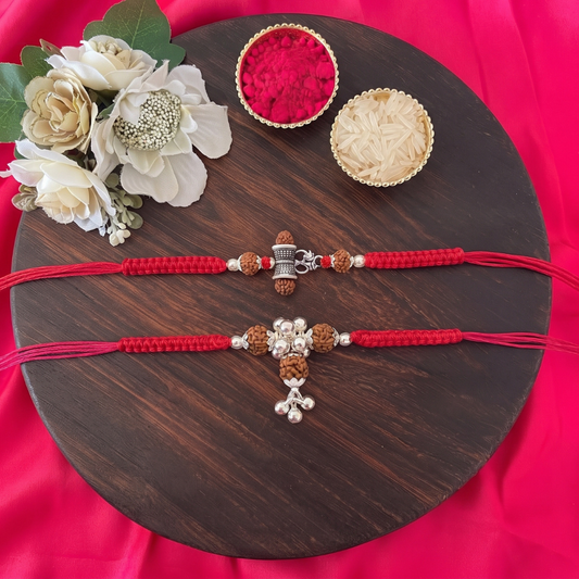 925 Silver Rudraksha Charm Cluster Rakhi & 925 Silver Damru Om Rudraksha Rakhi Set of 2